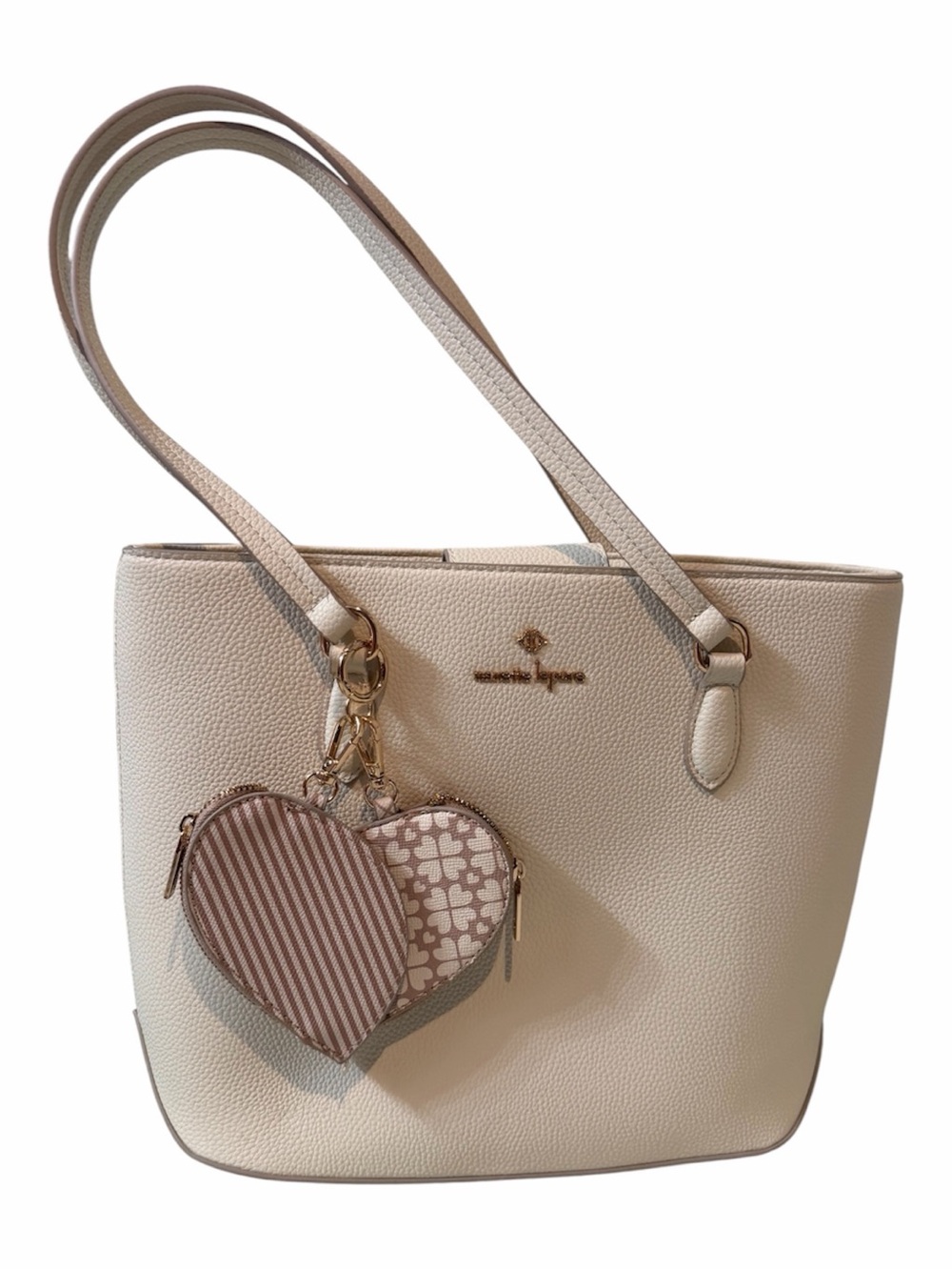 Nanette Lepore Blush White Pebbled Leather Tote with Heart Charm